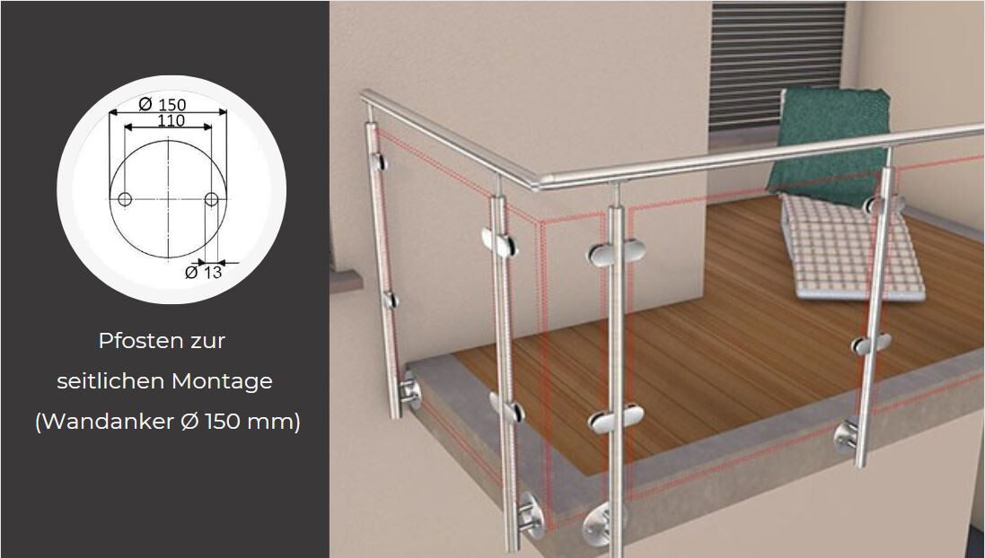 Glasgeländer mit Edelstahlpfosten - seitlich