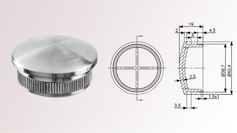 Edelstahl Endkappe | für Rohr Ø 42,4 x 2,0 mm  | leicht gewölbt, mit Rändelung | huero.de