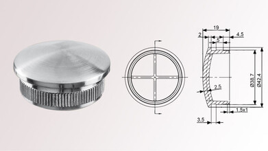 Edelstahl Rohrendkappe | V4A | Rohr Ø 42,4 x 2,0 mm | leicht gewölbt | Rändelung Ø 38,7 mm