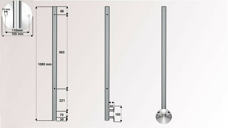 Geländerpfosten | V2A | 2 x Ø 12,2 mm Durchgang | Wandanker Ø 150 mm | für Stabgeländer | huero.de