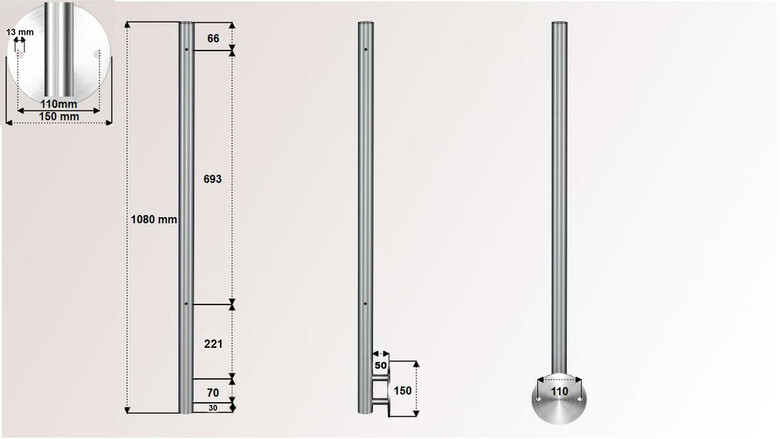 Geländerpfosten | V2A | 2 x M8 Gewinde links | Wandanker Ø 150 mm | für Stabgeländer | huero.de