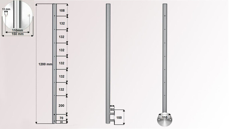 Geländerpfosten | V2A | vorgebohrt für Handlaufträger | Wandanker Ø 150 mm | für Reling-PLUS-Geländer | huero.de