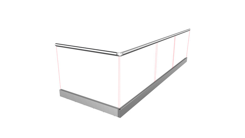 Ganzglasgeländer ohne Glas | aufgeschraubt | L-Form | Handlauf rund | Edge | huero.de