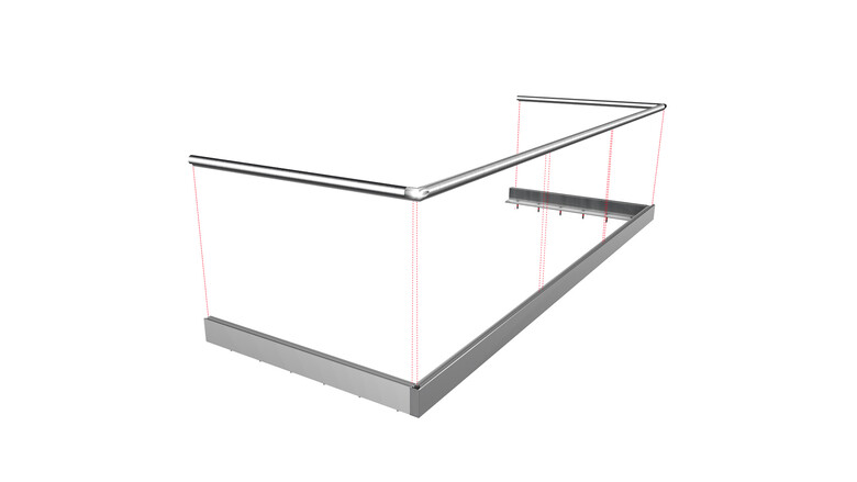 Ganzglasgeländer ohne Glas | aufgeschraubt | U-Form | Handlauf rund | Edge | huero.de