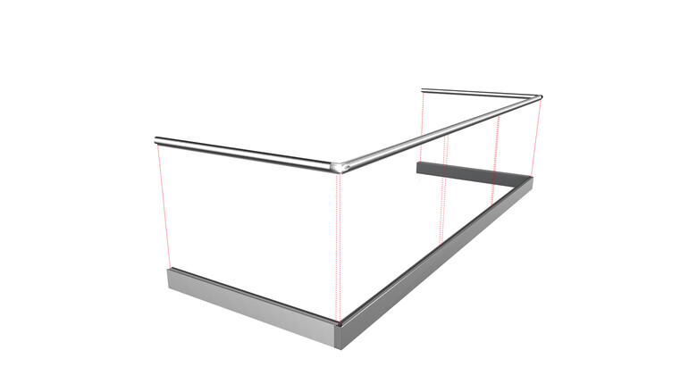 Ganzglasgeländer ohne Glas | aufgeschraubt | U-Form | Handlauf rund | Home | huero.de