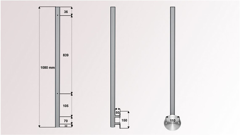 Geländerpfosten | V2A | 6 x M6 Gewinde innen | Wandanker Ø 150 mm | für Relinggeländer | huero.de