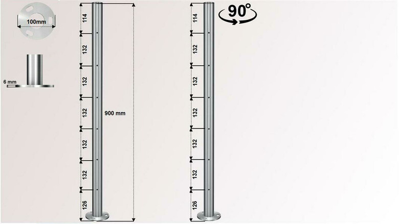 Geländerpfosten | Edelstahlpfosten | 12 x M6 Gewinde - 90° versetzt | für Relinggeländer | huero.de