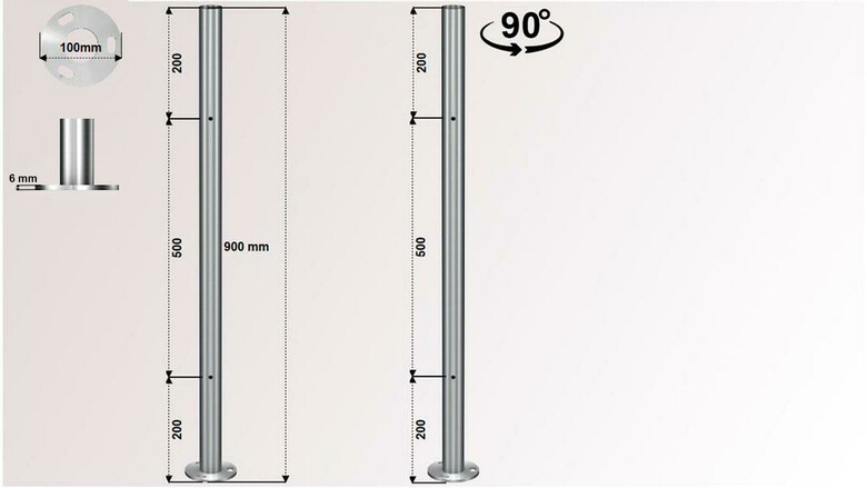 Geländerpfosten | Edelstahlpfosten | 4 x M8 Gewinde - 90° versetzt | für Glasgeländer | huero.de