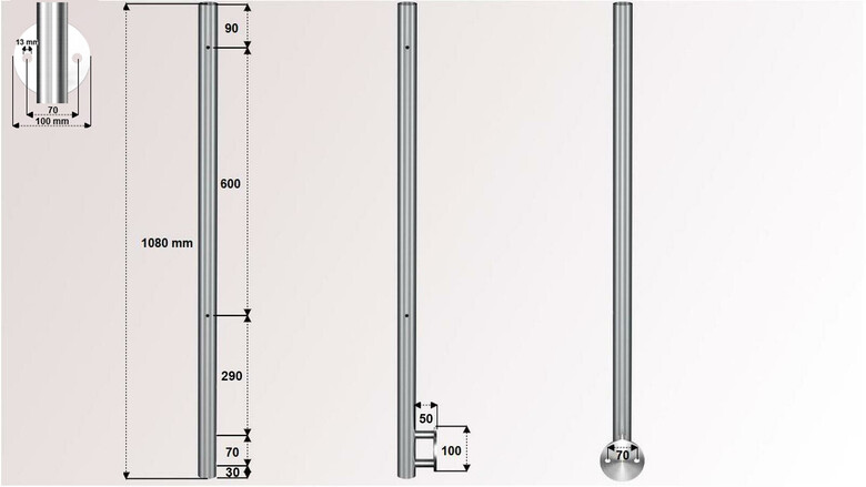 Geländerpfosten | V2A | 2 x M8 Gewinde links | Wandanker Ø 100 mm | für Glasgeländer | huero.de