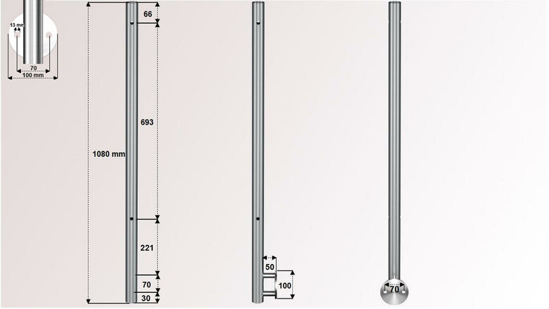 Geländerpfosten | V2A | 2 x Ø 12,2 mm Durchgang | Wandanker Ø 100 mm | für Stabgeländer | huero.de